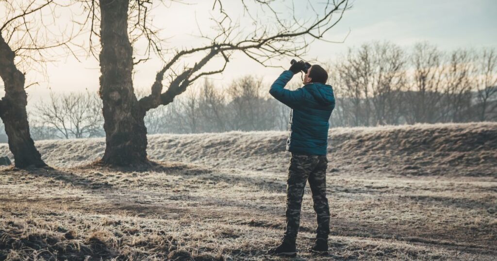 双眼鏡を使って野鳥を探す人の写真